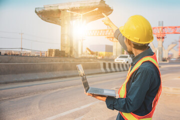 Engineer use computer laptop, Worker architecture check building construction project development