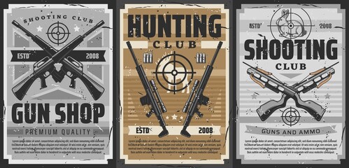 Gun and weapon target retro posters of vector hunting and shooting sport design. Hunter rifles, shotguns and crossbows, carbines with telescopic sights, bullets, cartridges and hunting trophy animals © Vector Tradition