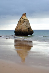 Isolated Exposed Rock on Deserted Wet Sandy Beach  