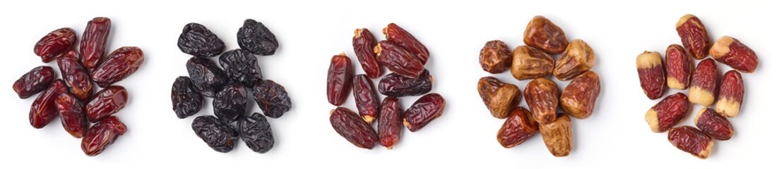 Heap of mixed dates on white background, from above