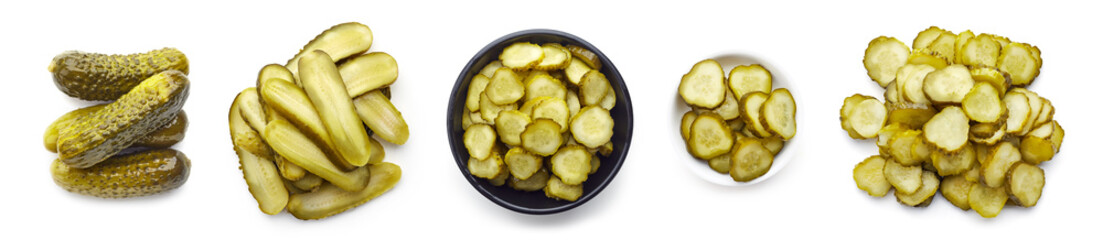 Pickled cucumbers isolated on white, from above