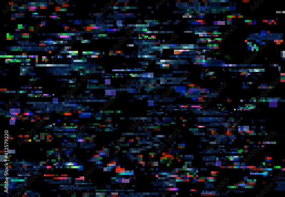 Leinwandbilder Glitch noise of TV pixels on digital screen background, vector television video error. Glitch screen with computer or VHS signal effect, static code bug and internet data damage pattern on monitor