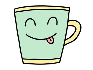 Cute Cup Of Coffee. Hand drawn lines cartoon characters. Cappuccino, americano, latte, mocha. Concept of hot drinks, morning and breakfast. Vector illustration.