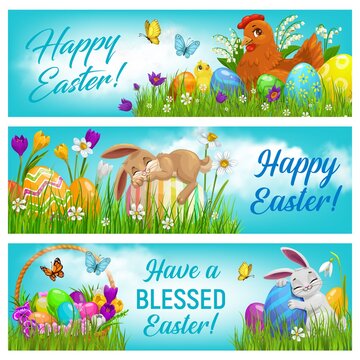 Happy Easter cartoon vector banners set. Bunnies, chicken with chicks, painted eggs and basket on field with flowers and butterflies under cloudy sky. Happy Easter holiday postcards with cute animals