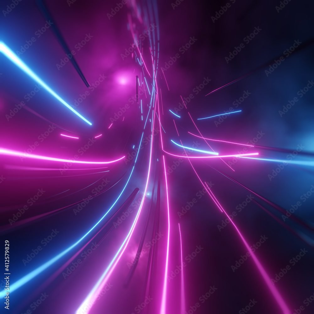 Poster abstract neon lights into digital technology tunnel. futuristic technology abstract background with 