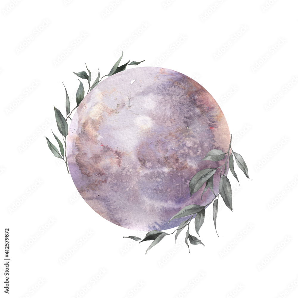 Wall mural watercolor moon and florals label. isolated logo design with plants and lunar silhouette