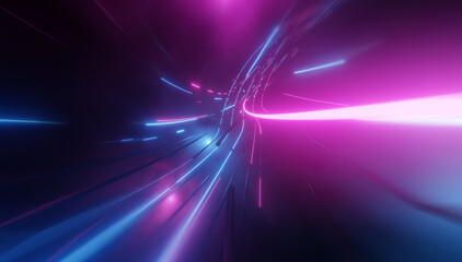 Abstract neon lights into digital technology tunnel. Futuristic technology abstract background with lines for network, big data, data center, server, internet, speed. 3D render - obrazy, fototapety, plakaty