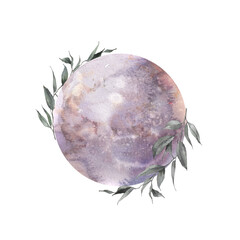 Watercolor moon and florals label. Isolated logo design with plants and lunar silhouette