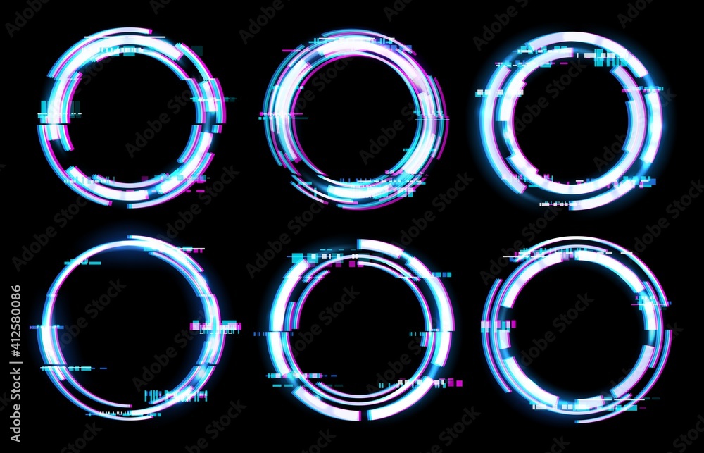 Aufkleber glitch digital frames, circles with neon light effect, vector tv vhs screen with pixel noise backgro