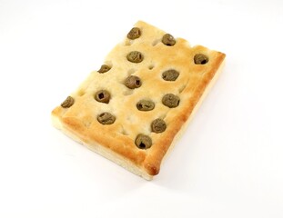 Focaccia with olives white background. It is a traditional italian oven baked bread similar in texture to pizza.