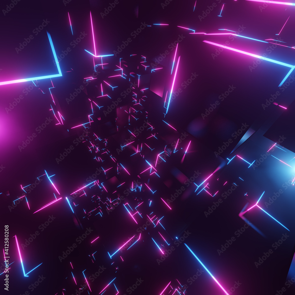 Poster retro video game in neon cube scene. 3d render