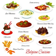 Belgian cuisine vector menu meals liver medallions, chicken with cherry, waterzoi, coffee parfait, walloon meatballs. Smoked meat soup, truffles, chicory in bacon, hemish carbonade Belgium food dishes - obrazy, fototapety, plakaty