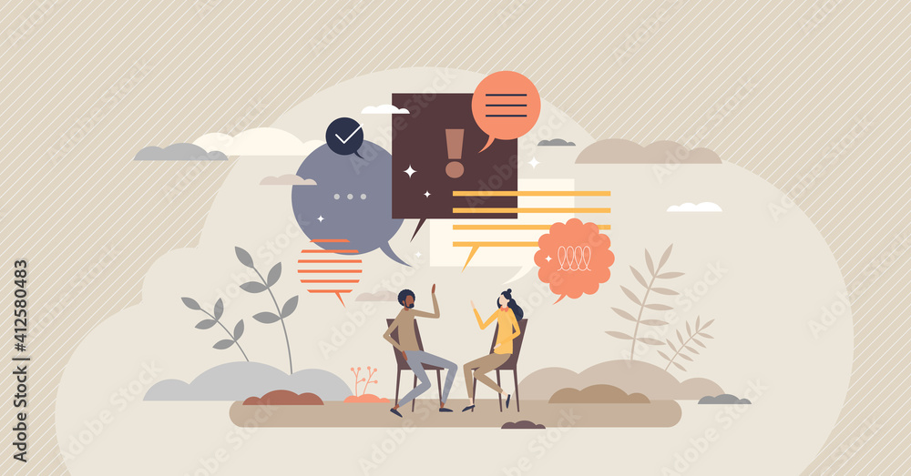 Poster talk conversation and speaking dialogue as communication tiny person concept