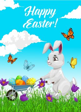 Happy Easter holiday vector poster with white rabbit pushing wheelbarrow full of decorated eggs. Greeting card with cute cartoon bunny and butterflies on green spring meadow. Easter egg hunt postcard