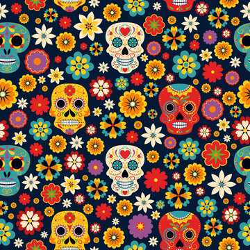 Dia de los muertos seamless vector pattern. Mexican Day of the Dead mariachi and Catrina with sombrero, maracas and marigold flowers, cactus, candles and bunting