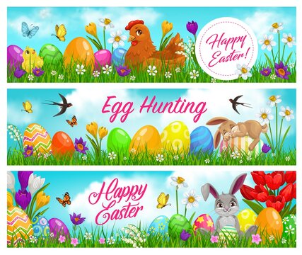 Happy easter and egg hunting banners with funny bunny or rabbit playing with easter eggs and sleeping on meadow grass, hen and chick among spring flowers and flying butterflies cartoon vector