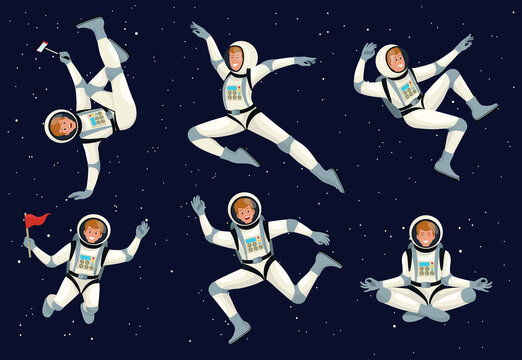 Cartoon astronauts. Spaceman with spaceship, planet and flag. Futuristic clothing for exploration of cosmos, galaxy, space.