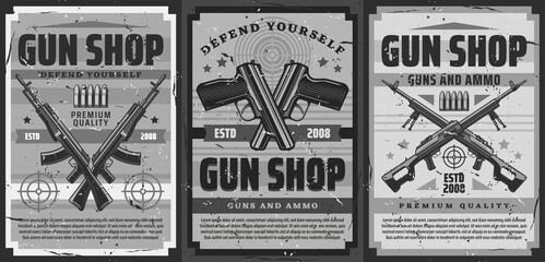Gun and ammunition shop retro poster. Weapon for self-defense, ammo for shooting range training vintage banner. Crossed handguns, machine guns and assault rifle, bullets and shooting target vector