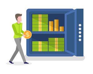 Investment in future vector, person with money gold coin and banknotes, banking and service of bank gaining profit of savings, man with assets strongbox