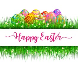 Easter eggs with green grass frame, vector religion holiday. Spring grass blades with painted eggs, white flowers and blooming herbs greeting card borders, Resurrection Sunday design