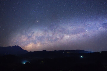 Clearly Milky Way Galaxy in the night sky. Image contains noise and grain due to high ISO. Image also contains soft focus and blur due to long exposure and wide aperture