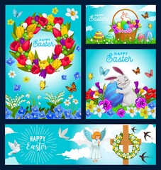 Happy Easter holiday vector posters with bunny hugging painted egg on green meadow, flower wreath, angel praying at cross and basket with blossoms. Easter holidays celebration postcard, cartoon banner