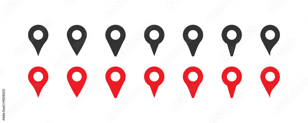 Poster pin set red and black icons. map pointer gps location flat icon. vector isolated
