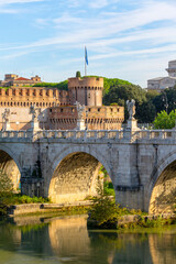 Obraz premium Aelian Bridge (Ponte Sant'Angelo) across the the river Tiber, leading to Castel Sant'Angelo, Rome, Italy