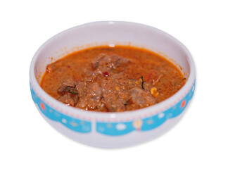 Beef curry with spicy taste and smell of meat on isolate white background.