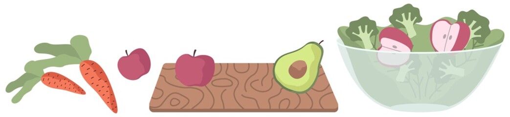 The process of preparing a dish from vegetables and fruits for proper nutrition. Transparent bowl with a salad. Avocado and apple on a cutting board. Healthy natural fresh food vector illustration