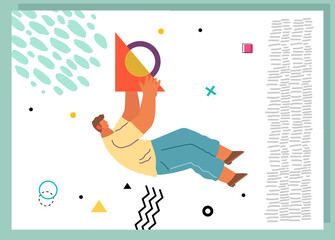 A man flying in abstract imaginary space organizing geometric shapes. Person in a pose of movement collecting figures. Teamwork and team building organization concept. Modern business illustration