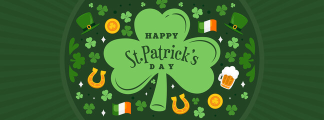 Happy St. Patrick's Day Banner vector illustration. Shamrock with Saint Patrick's day elements on green background