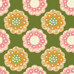 Pink and beige colored folk buds silhouettes seamless pattern in doodle style. Green olive background.