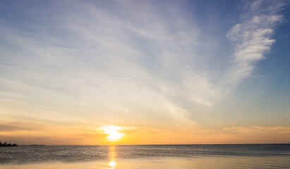 Sunset sky over sea in the evening on twilight with colorful sunlight clouds, dusk sky.