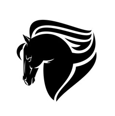 horse head with stylized mane side view outline - black and white vector design of mustang profile portrait