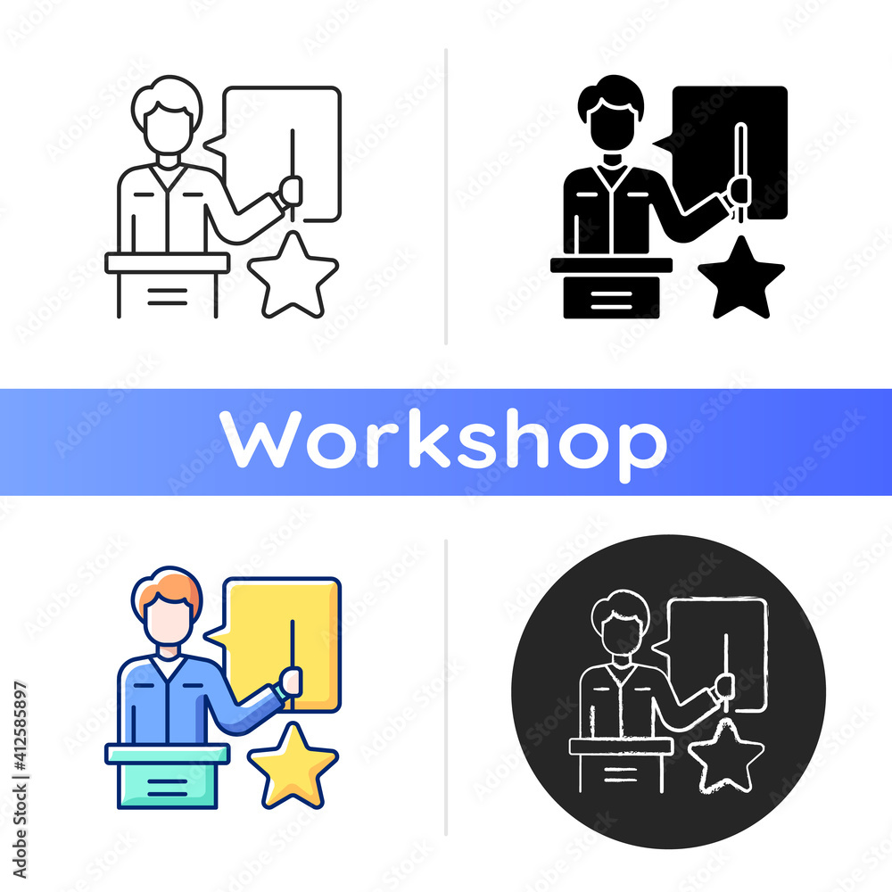 Poster knowledgeable presenter icon. lecturer near the blackboard tells. workshop. new practical skills. ma