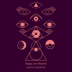 Set of different images of opening of third eye, symbol of soul in esoterics. Illustration of magic session, look into future, connection with universe. Vector drawing for tarot cards, groups, webpage
