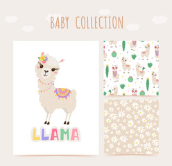 Collection of cute lamas and cacti in pastel colors. Seamless pattern and print with baby animals. Set of Alpaca for kids room design, Wallpaper, textiles, wrapping paper, apparel. Vector illustration © Irina Gubanova