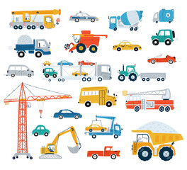 Collection of cars and construction vehicles. Cute cars for kids in flat style on white background. Icons in hand drawn style for design of children's rooms, clothing, textiles. Vector illustration - 412586259