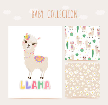 Collection of cute lamas and cacti in pastel colors. Seamless pattern and print with baby animals. Set of Alpaca for kids room design, Wallpaper, textiles, wrapping paper, apparel. Vector illustration