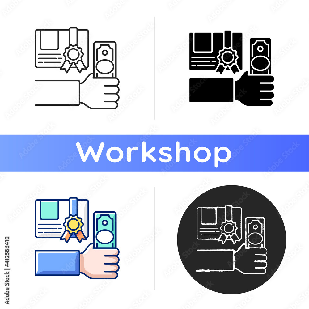 Poster workshop feee icon. paying fees for mastery courses. available lessons. getting new skills. modern e