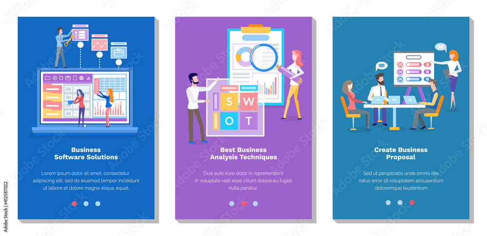 Poster set of illustrations on the topic of business statistics and analysis. webpage template concept. col
