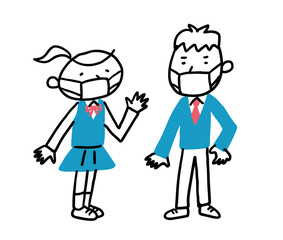 立っている制服の学生の男女のマスク姿