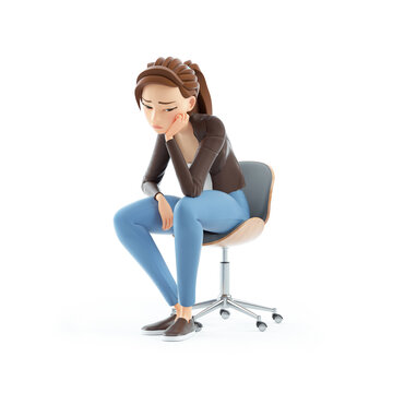 3d bored cartoon woman sitting on chair