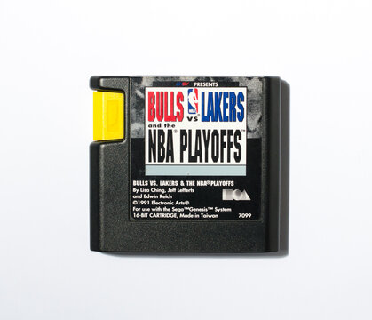 London, England, 05.05.2020 Bulls Vs. Lakers And The NBA Playoffs (Sega Genesis, 1991) Us Version Sega Mega Drive Video Game Cartridge Isolated On A White Studio Background. 