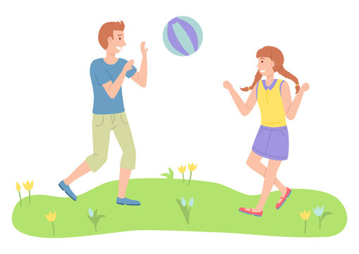 Illustration of the two children playing toy ball near the park. The best summer child s outdoor activities. Active family weekend children s games. Kids volleyball on the grass, team ball game