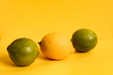 Close-up of two green round limes and one yellow lemon, on a yellow background, with selective focus, horizontal