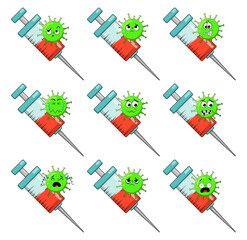 Vaccine against coronavirus concept. Virus character and syringe. Vector illustration isolated on white background.
