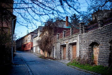 staninny town street, mystical cityscape, old paving stone in a European city, facades of stone houses