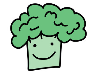 Cute Cartoon Broccoli. Hand drawn lines doodles characters. Concept of vegetables, proper nutrition, healthy eating and vegetarianism.
